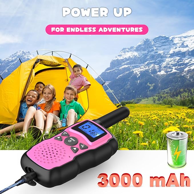 Wishouse Walkie Talkies for Kids Rechargeable with USB Charger 6000mAh Battery,Outdoor Camping Games with Flashlight Lanyard,Toys for Girls,Halloween Xmas Birthday Gift for Children 2 Pack Pink Purple