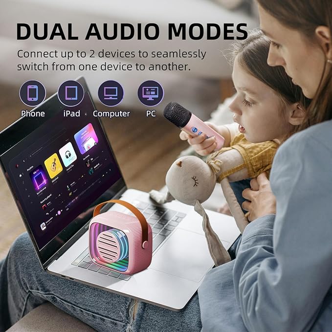 YF93 Mini Karaoke Machine for Kids with Bluetooth Speaker, 7 Voice-Changing Modes, Dual Microphones, Colorful LED Lights, TF Card Support, Portable Singing Gift for Children and Parties(Pink)