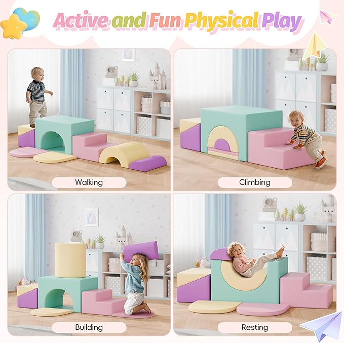 ‌Soft Climbing Toys for Toddlers, 7-Piece Baby Soft Foam Climbing Blocks, PU Leather Gym Climb and Crawl Activity Play Set, Indoor Climbing Toys for Kids and Children, Pink