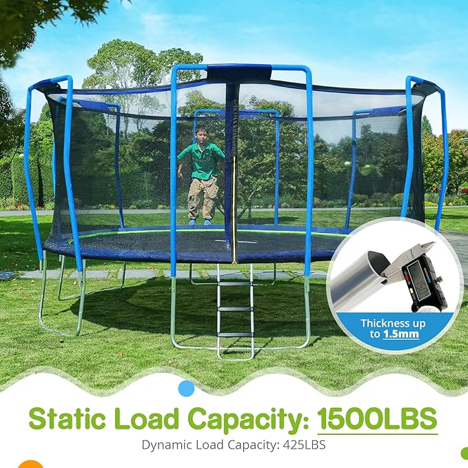 Zupapa Trampolines No-Gap Design 1500 LBS Weight Capacity 16 15 14 12 10 8FT for Kids Children with Safety Enclosure Net Outdoor Backyards Large Recreational Trampoline