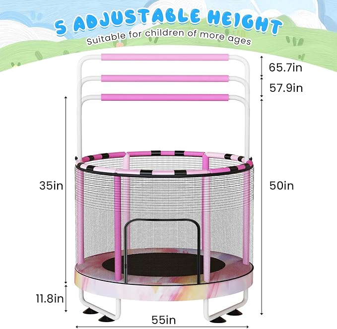LAMERGE 55" 7-in-1 Round Trampoline for Kids Boys & Girls Ages 1-8, Indoor & Outdoor Trampoline for Fun, Adjustable Height Handrail ＆ Enclosed Safety Net ＆ Durable Designs for Toddlers Children