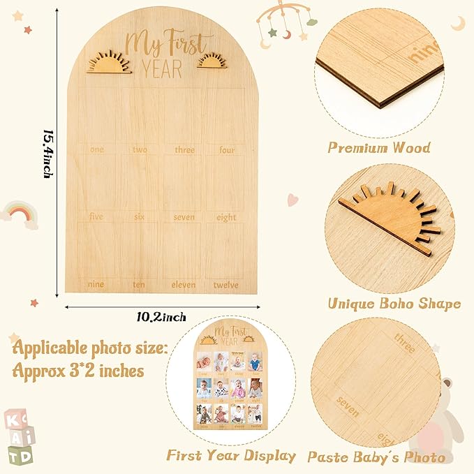 R HORSE My First Year Photo Display Wood Board, 3D Boho Sun Baby's First Year Picture Frame 12 Months Milestone Board Neutral Baby Keepsake Birthday Nursery Decor Gift for Boy Girl