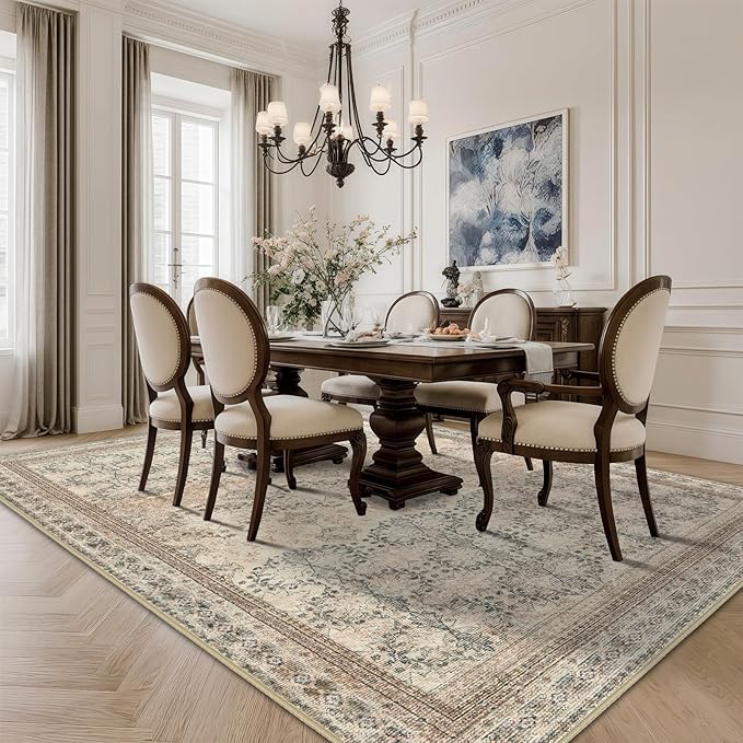 6x9 Washable Area Rug Non Slip, Thin Vintage Floral Living Room Rug Low Pile, Indoor Large Distressed Print Carpet for Bedroom, Dining Room, Farmhouse, Home Office, College Dorm Beige/Pink/Orange