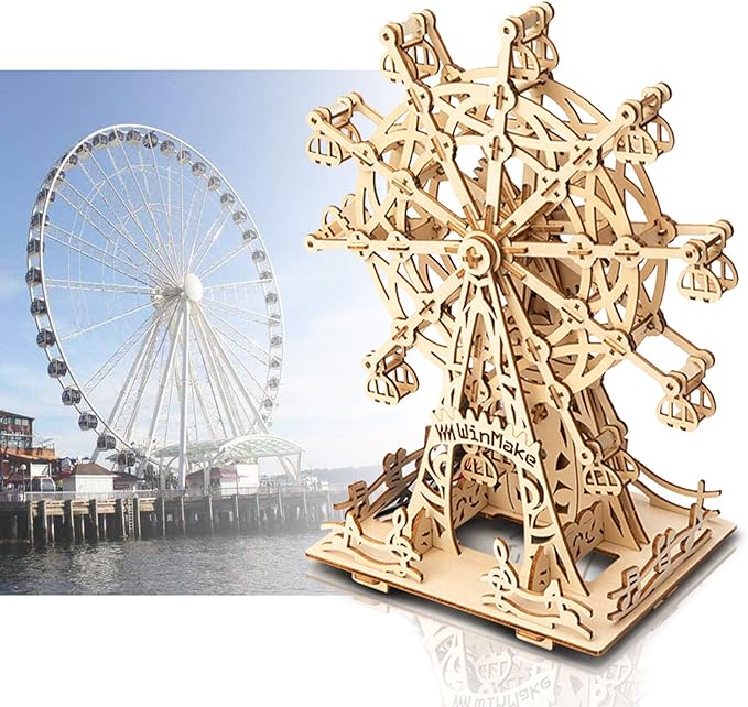 Solar 3D Wooden Puzzle Ferris Wheel DIY Model Kit Craft Sets Educational Wood Mechanical Building Toys for Adult Men Kids