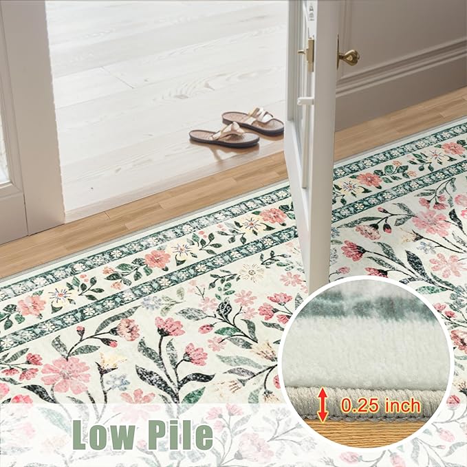 6x9 Area Rugs for Living Room: Floral Washable Rug Vintage Large Soft Boho Non-Slip Carpet Indoor Stain Resistant Thin Carpets for Bedroom Dining Room Farmhouse Nursery Hallway Home Office Green Beige