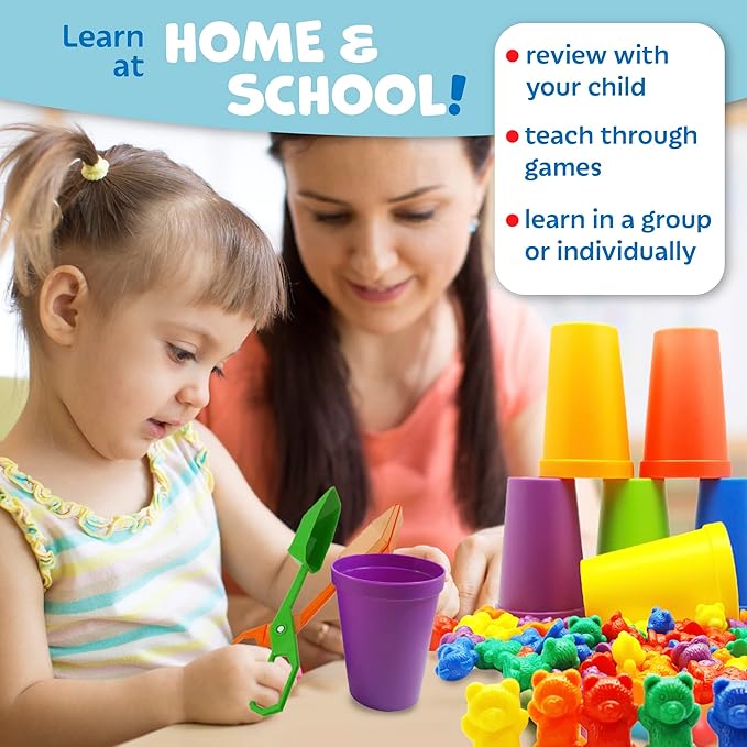Skoolzy 60 pcs Rainbow Counting Bears 5 pk - Teddy Bear Bounters with 6 Color Sorting Cups, Math Games Dice Toy, Montessori Tong & 2 Storage Bags - Counting & Color Recognition Toys for Age 3+