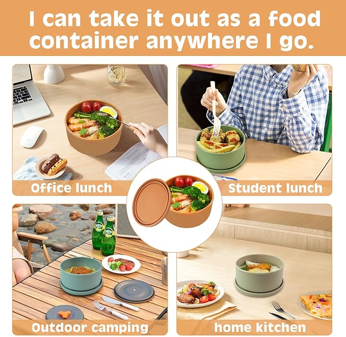 XU&PEIQI Silicone Lunch Bowls Bento Box with Lid Round Food Containers Microwave Refrigerator Safe Bowls Fruit Container Sealed Against Leakage,BPA-Free. 24 oz.(Baby blue)