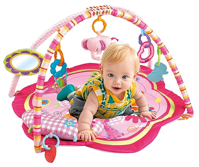 Pink Baby Acctivity Play Gyms Playmats Colorful Infants Toddler Play Mat with Arches, Activity Toys, Plush Animals, Elephant