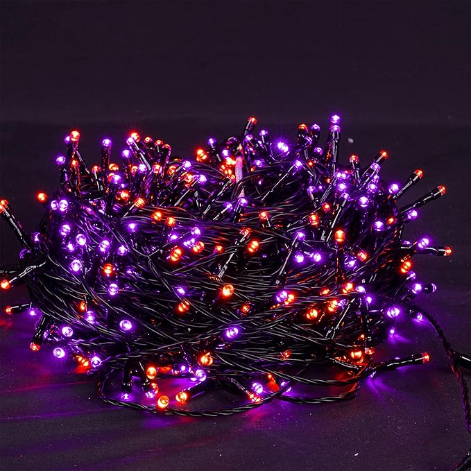 Dazzle Bright Purple & Orange Halloween String Lights, 33FT 100 LED Connectable Black Wire 8 Modes String Lights, Waterproof Halloween Decorations for Indoor Outdoor Patio Party Holiday