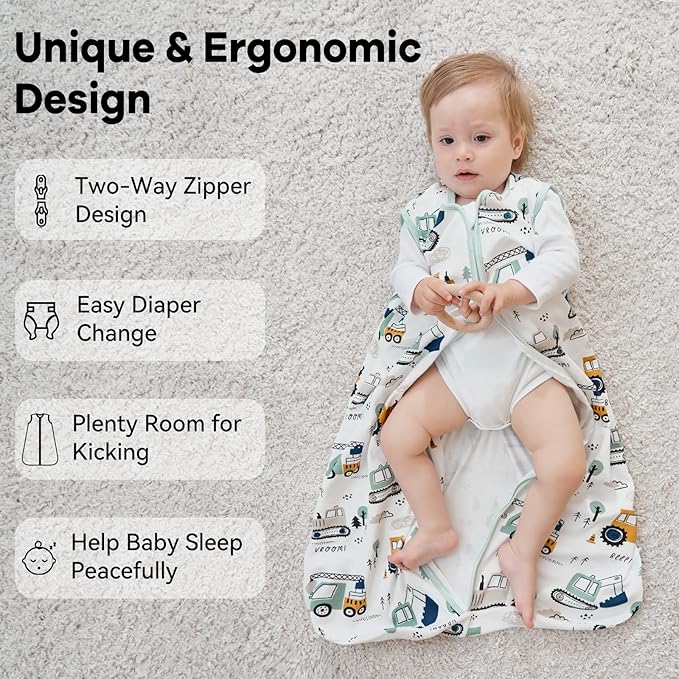 Baby Sleep Sack 6-12 Months 0.5 Tog Wearable Blanket Baby, 3 Pack 100% Cotton Lightweight Sleeping Sack with 2-Way Zipper for Newborn Infant Excavator