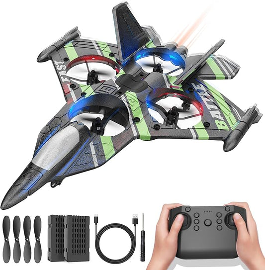 BEZGAR Drones for Kids | 2.4GHZ RC Plane, Remote Control Airplane, RC Helicopter, 360° Flip Fighter Jet Toy, Toys for Ages 8+ with Colorful LED Navigation Lights Green