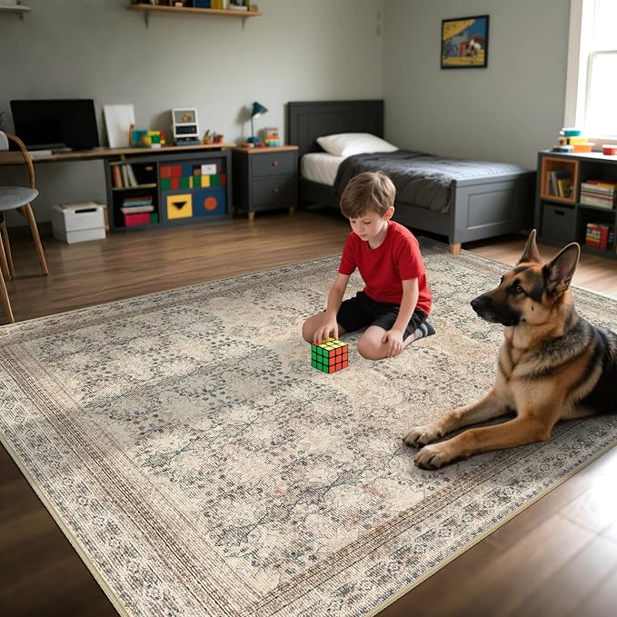 Large 8x10 Washable Area Rug for Living Room, No Shedding Vintage Floral Print Rugs Non Slip, Indoor Foldable Thin Retro Accent Carpet for Bedroom Farmhouse Dining Room Beige/Pink/Orange