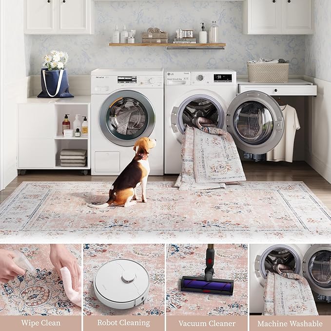 jinchan Hallway Runner Rug 3x8 Machine Washable Runner Rug Pink Vintage Floral Design Non-Slip Low Pile Ultra-Thin for Kitchen Laundry Room Bedroom Farmhouse (3‘x8',Pink)