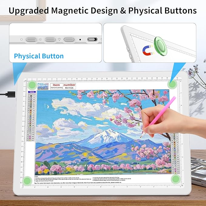 TOHETO A3 Light Board with Bag for Diamond Painting, Super Bright Magnetic Light Pad with Side Buttons, Lightbox for Tracing and Drawing, Corded Light Table for Sketching, Weeding Vinyl (White)