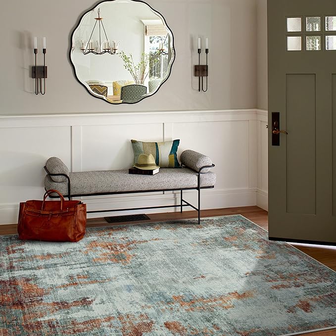 4x6 Area Rugs for Living Room Rug Washable: Modern Large Rug for Dining Room Bedroom Carpet Non Slip Low Pile 4 by 6 Indoor Abstract Nursery Home Office Red Brown