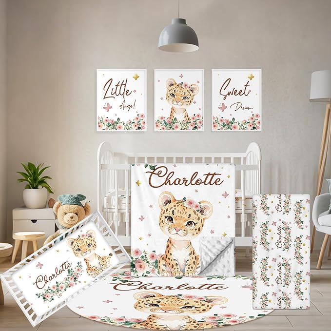 Custom Baby Crib Bedding Set, 5 Pcs Personalized Name Baby Crib Sets for Infant Toddler, Floral Leopard Nursery Bedding Set for Baby Girls, Double Layer Baby Bedding Sets Customized Gifts