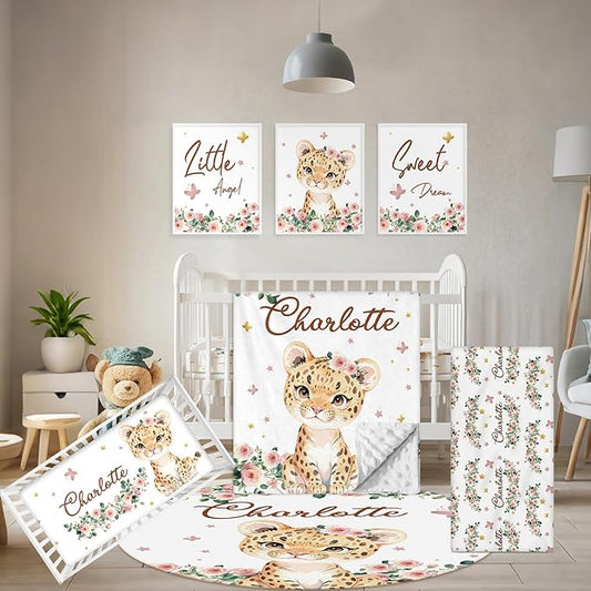 Custom Baby Crib Bedding Set, 5 Pcs Personalized Name Baby Crib Sets for Infant Toddler, Floral Leopard Nursery Bedding Set for Baby Girls, Double Layer Baby Bedding Sets Customized Gifts