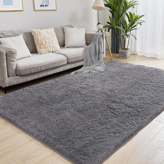 Fluffy Shag Area Rug, 4x6 Grey Rugs for Bedroom, Soft Plush Area Rugs for Living Room, Non-Slip Indoor Carpet for Nursery, Study Room, Dressing Room, Home Decor