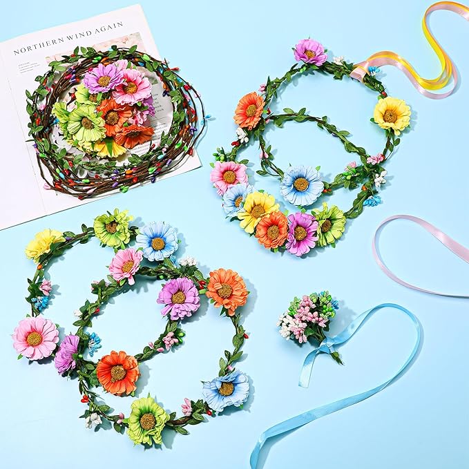 Syhood Daisy Crowns Making Kit, 109 Pieces Parts, Make Your Own Flower Crown Wreath Headbands and Bracelets Craft Kit Hair Accessories Handmade DIY Floral Garland Presents for Girls