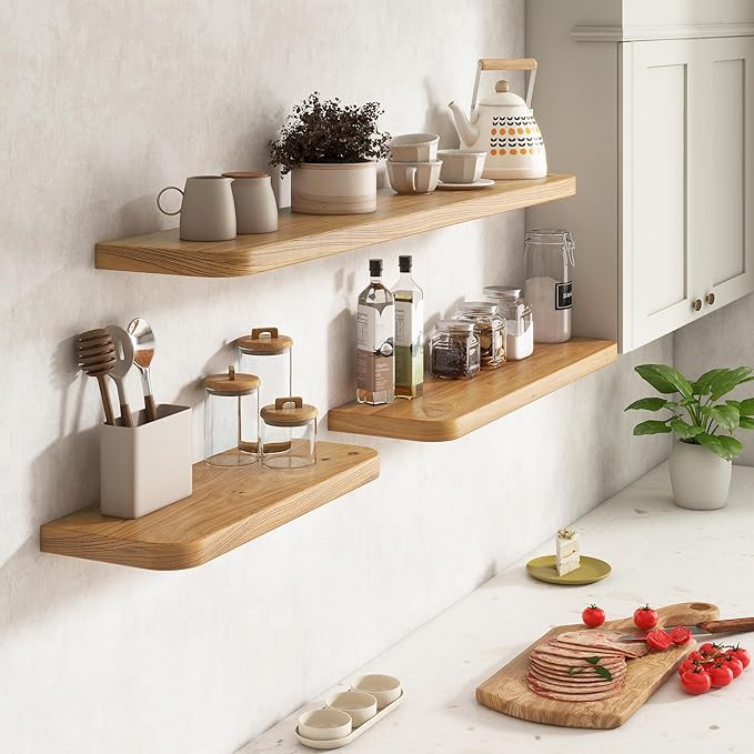 Rustic Elm Wood Floating Shelves for Wall Round Edge, 48"W x 9.2"D x 1.37"H, Set of 1 with Invisible Bracket, Wall Mounted Storage Shelves for Living Room Bedroom Kitchen Bathroom Decor, Natural