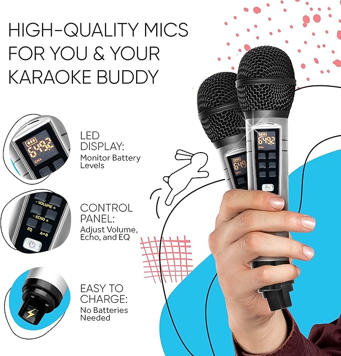 Rabbit Karaoke Machine for Kids, Children and Toddlers with 2 Wireless Bluetooth Microphones, Portable PA Speaker System Includes Lyrics Display Phone Holder, TV Cable and Singer Vocal Removal Mode