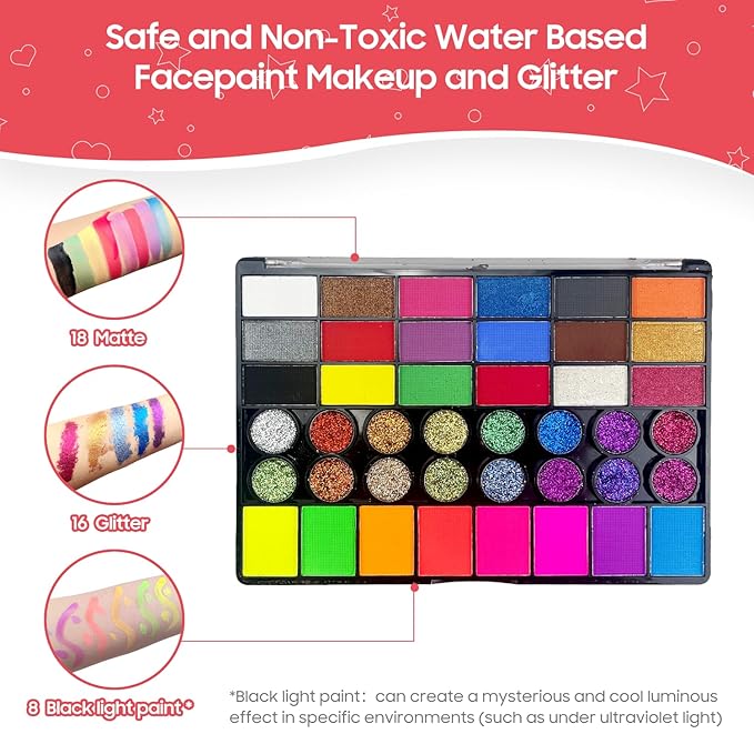 Pintada 42 Color Face Painting Kit for Kids - Non Toxic Water Activated Face Paint Palette With Stencils, Brush, Gems. For Carnival, Halloween, Costume Makeup and Any Creative Activity with Kids