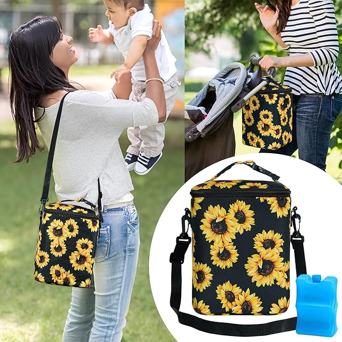 Breastmilk Cooler Bag with Ice Pack Fits 4 Baby Bottles Up to 9 Ounce Insulated Baby Bottle Bag Breast Milk Cooler on The Go with Strap Baby Bottle Cooler Bag for Nursing Mom Daycare or Travel