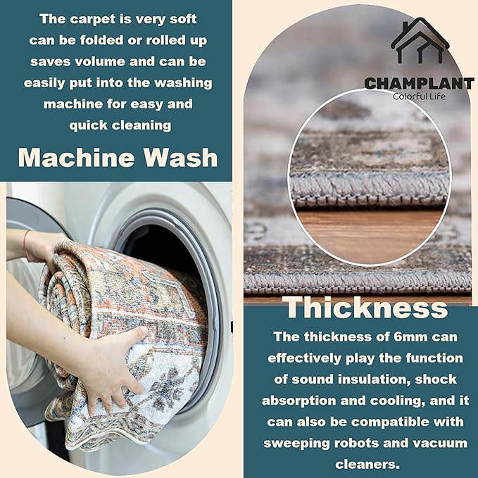 Washable Area Rug 8'x10' Cyan Khaki Retro Boho Design Non-Shedding Non-Slip Easy Care Ideal for High Traffic Areas in Living Room Bedroom Office Coffee Table Kitchen Large Carpet