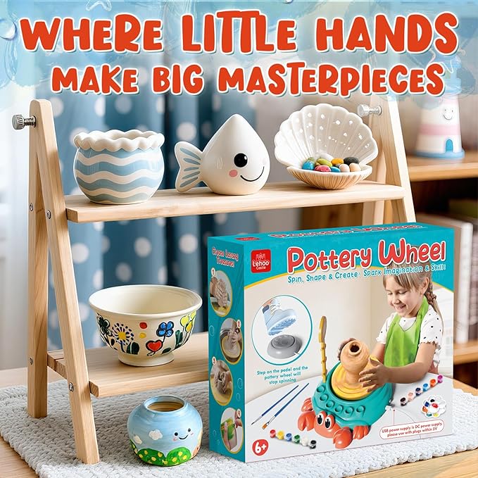 Lehoo Castle Pottery Wheel for Kids, Complete Pottery Arts and Crafts for Kids Ages 8-12 with Air Dry Clay Painting Kit Sculpting Tools, Art Supplies for Girls Boy Birthday Gift for Ages 6+