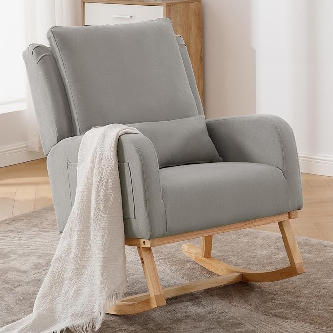 Rocking Chair Nursery, Upholstered Fabric Nursing Rocking Chairs with Lumbar Pillow, Modern Nursery Glider Rocker Morden Accent Rocking Chair for Mom Nursery, Living Room, Bedroom, Grey