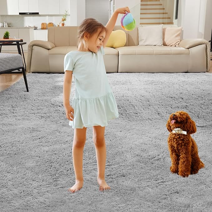 Ultra Soft Rug for Living Room, 9X12 Fluffy Shag Area Rug for Bedroom, Modern Shaggy Carpets Fuzzy Rug for Teens Dorm Nursery Home Decor Aesthetic, Upgrade Anti-Skid Durable, Light Grey
