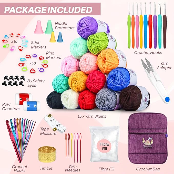 Yarnvibe Easy Crochet Kit for Beginners Adults 80 pcs with Video Course, Includes 15 Yarns, 21 Crochet Hooks & More, Learn to Crochet Gifts for Crochet Lovers, Beginner Crochet Kit for Kids & Adult