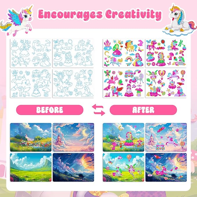 homicozy Art & Craft Activity for Kids-Foil Fun Unicorn & Princesses,No Mess Art Crafts for Girls,DIY Foil Foam Stickers,Creative Activity Kits,Kids Travel Toys,Gifts for Girls & Boys Ages 4-10