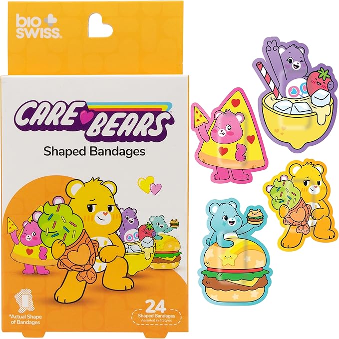 BioSwiss Care Bears Bandages, Sweet and Sour Care Bear Shaped Self Adhesive Bandage, Latex Free Sterile Wound Care, Fun First Aid Kit Supplies for Kids, 24 Count