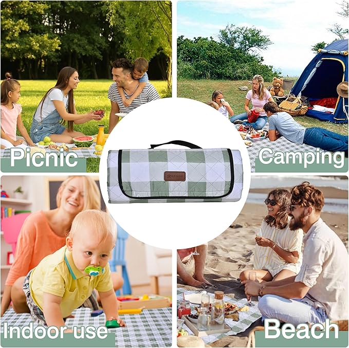 HX&OD Outdoor Picnic Blanket, Extra Large, 80''x80'' Waterproof Foldable Blankets Gingham Picnic Mat for Beach, Camping Grass Lawn Park Accessories Cute Couple Ideas Wedding (Green, 80”x80”)