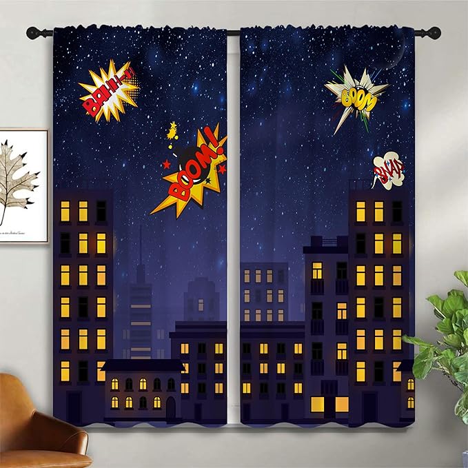 Super Hero Rod Pocket Blackout Curtains for Boy Girl Bedroom, Exploding City Starry Cartoon Skyline Thermal Insulated Home Window Drapes for Living Room Darkening, 42x45 inch