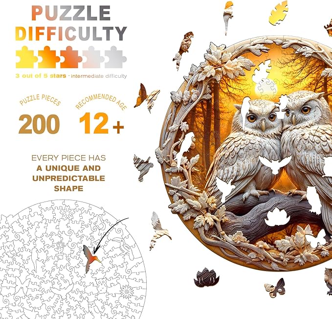 Wooden Puzzles for Adults - Couple Owl Wooden Jigsaw Puzzle - Unique Animal Shaped Wood Puzzles Adult - Creative Birthday Gift Family Game 200pcs