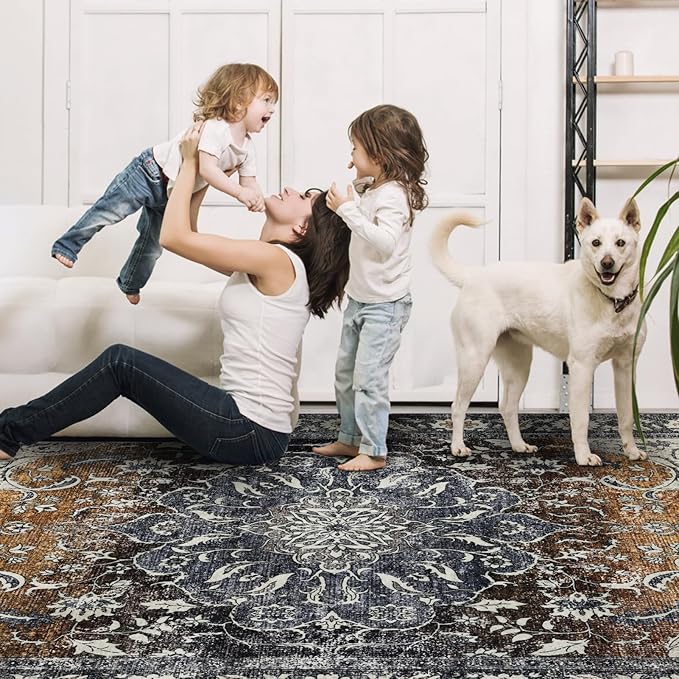 Washable Rugs 5x7 Area Rugs for Living Room, Thin Carpet for Bedroom, Soft Faux Wool Retro Dining Room Rug，Non Slip&Non-Shedding Resistant Low Pile Vintage Print Rug for Home Office (Tan/Gray)