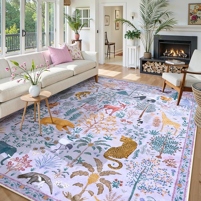 OJIA Animal Washable Area Rug 8x10, Boho Rugs for Living Room Playroom 8 x 10 Kids Bedroom Rugs, Non-Slip Ultra-Thin Indoor Large Floor Carpet for Dining Room Nursery Farmhouse