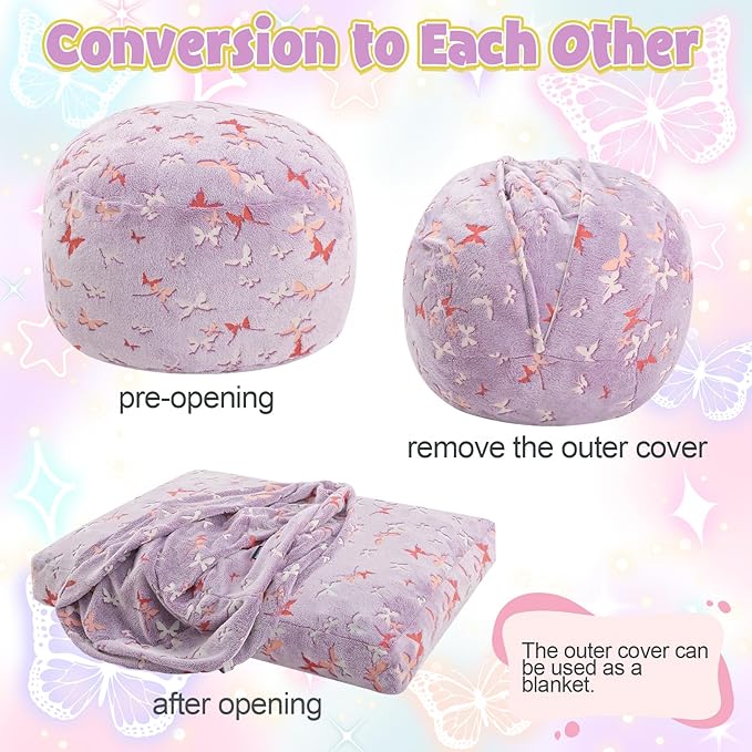 COMAX Kids Bean Bag Chair Turn into Beanbag Bed, Toddler Bean Chair for Girl Boy Sleeping, Lazy Children Bean Bags with Filler, Convertible Child Floor Mattress, Purple Butterfly