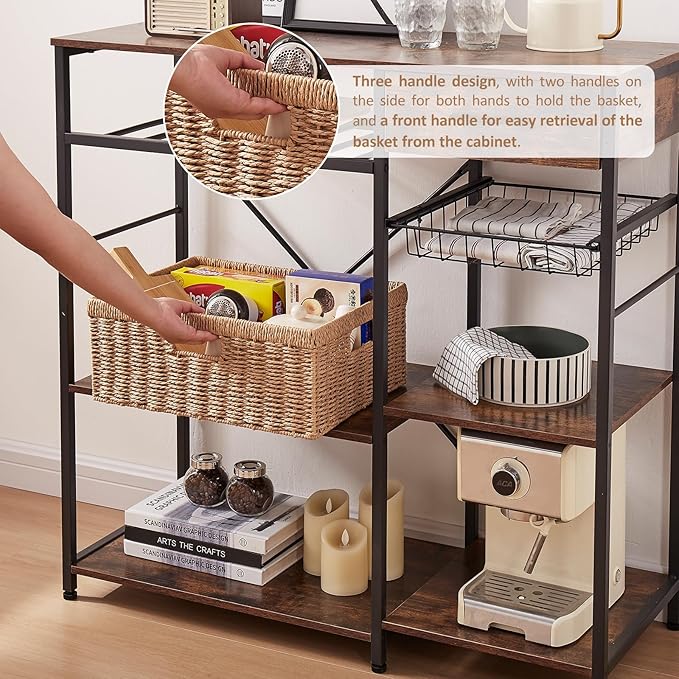 OIAHOMY Wicker Basket, Paper Shelf Basket with Built-in Handles, Rectangular Wicker Storage Bin for Pantry, Shelves, 1 Pack-Yellow