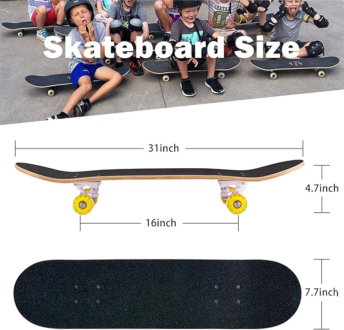 Skateboard,31 x 8 Inch Complete Skateboard, 8-Layer Maple Wood Deck Double Kick Standard Skateboards for Kids, Teens, Adult, Beginner