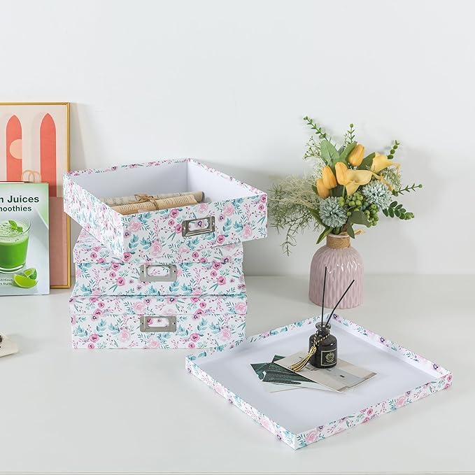 Soul & Lane Floral Decorative Storage Boxes With Lids, Set of 3 Pretty Nesting Cardboard Letter Storage Boxes for Photos, Documents, Scrapbooks, Keepsakes, Memories