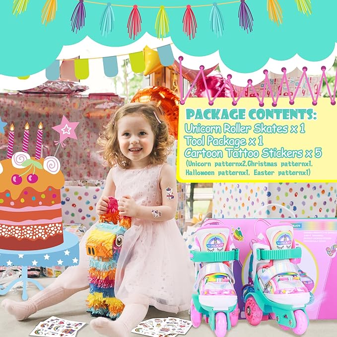 4-Pejiijar Rainbow Unicorn Kids Roller Skates for Girls Toddler Ages 2-4 5-8 8-12,Adjustable Roller Shoes with Luminous Wheels for Birthday Xmas Gifts