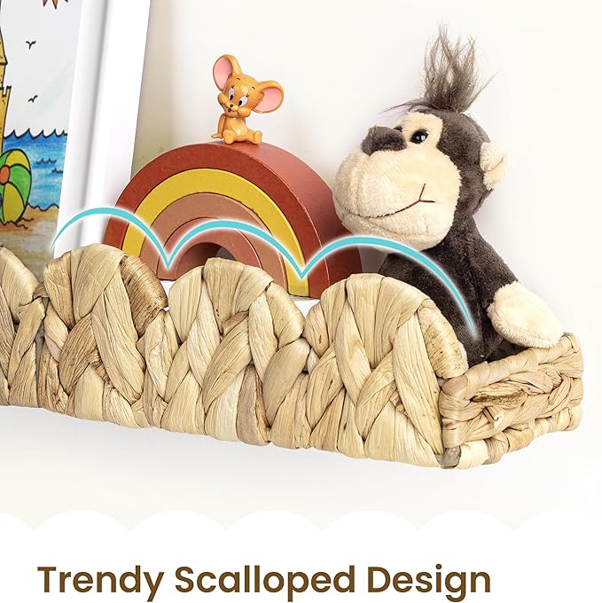 AELS Scalloped Nursery Bookshelf, Set of 4, Picture Ledge Shelf for Wall Decor, Woven Natural Water Hyacinth Floating Shelves for Books, Toys, Photo Frames, Nursery, Boho Modern Farmhouse Book Shelf