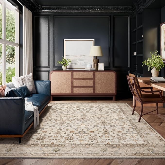 Washable Area Rugs for Living Room: 8x10 Bedroom Rug Boho Vintage Area Rug Stain Resistant Non Slip Low Pile Lightweight Soft Carpets for Dining Room Kitchen Nursery Kids Room Playroom Home Office