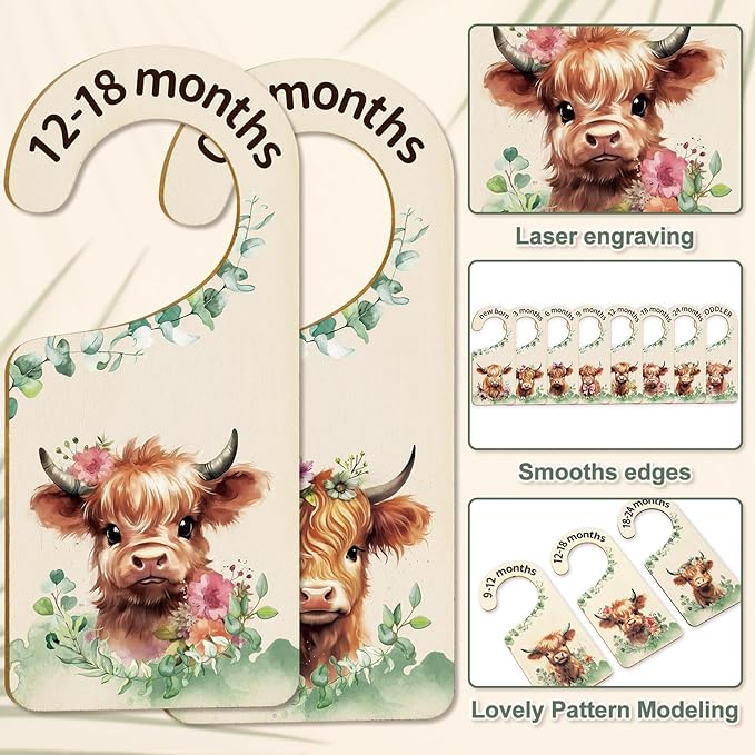 Whaline 8Pcs Baby Closet Size Dividers Watercolor Highland Cow Hanging Wood Baby Closet Organizer Newborn to 24 Months Thicken Baby Wardrobe Organizer