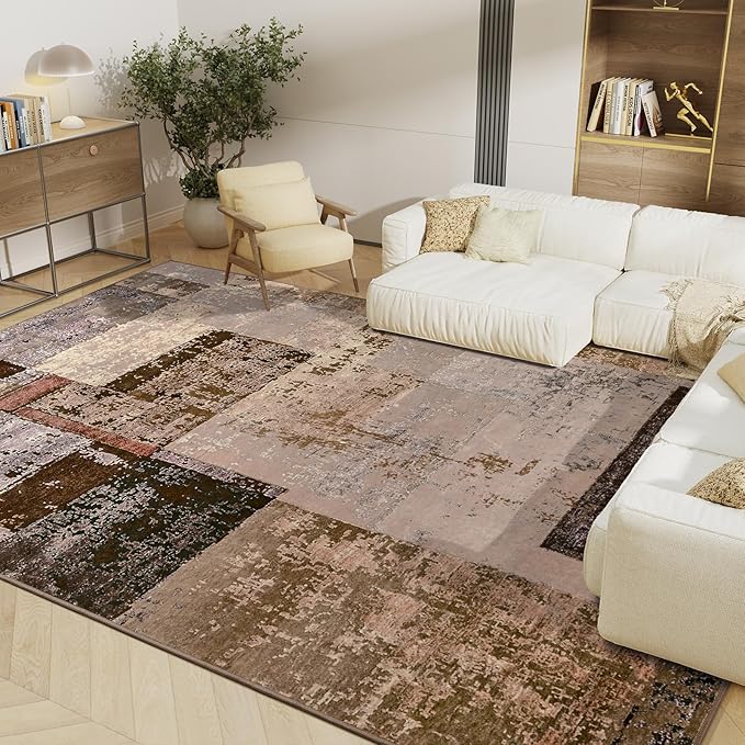 LOCHAS Rug for Living Room, Washable Soft Area Rugs for Bedroom 6x9, Abstract Carpet for Indoor Office Kids Dining Room Nursery Floor, Brown Geometric Vintage Home Decor, Non Slip, Pet Child Friendly