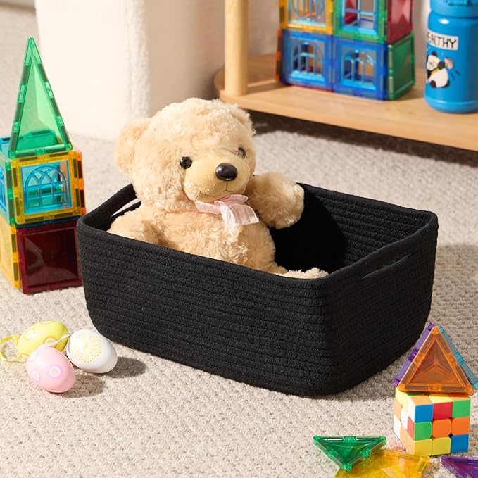 Small Storage Baskets for Organizing | Closet Organizer Bins | Shelf Toy Basket | Woven Rope Baskets | Cube Decorative Box | Shallow Basket | 13x8.5x5.1” | 3 Packs Black