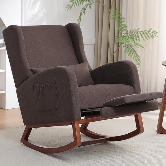 Rocking Chair Nursery with Foot Rest, Wingback Nursery Rocking Chairs, Nursing Glider Rocker Chair with Pillow and High Back for Nursery, Living Room, Bedroom, Coffee